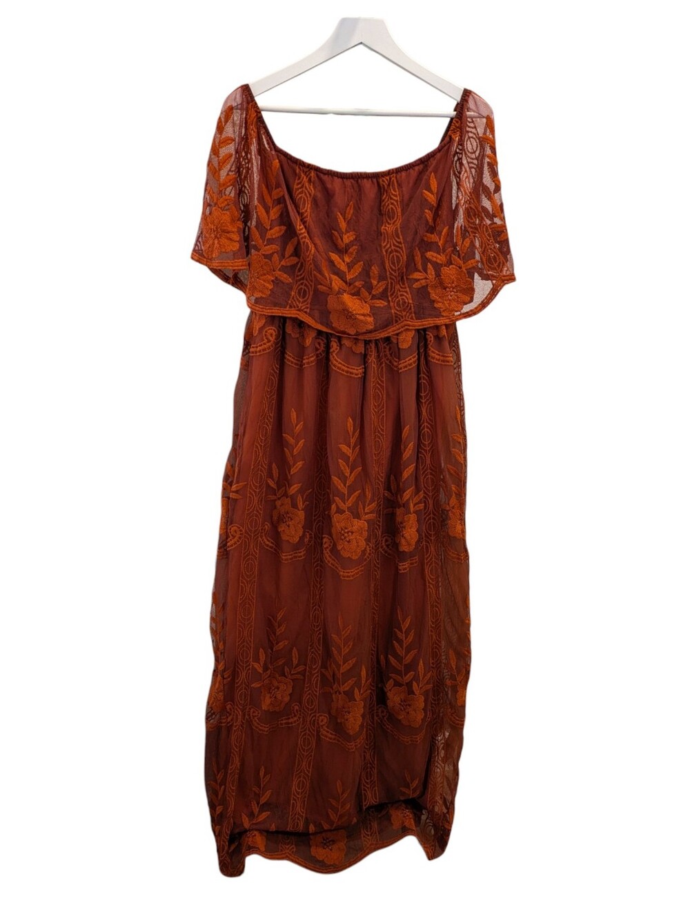 Baltic Born Leon Maxi Dress XL Rust Orange Off Shoulder Lace Embroidered Empire